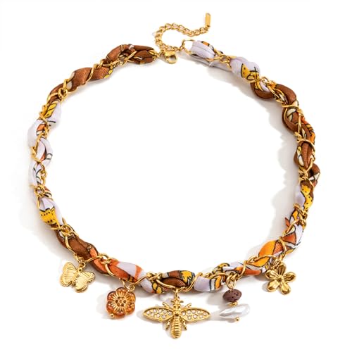 Boho Scarf Choker Necklace for Women Summer Beach Jewelry Gifts | Hypoallergenic, Waterproof, Multiple Charm Pendants, Great for Festivals, Swimming & Beach Vacations, Colorful Printed Fabric - color: Brown