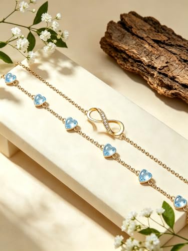 Prismata Infinity Birthstone Charm Link Bracelet/Anklet 925 Sterling Silver Adjustable 12 Months Birthstone Infinity Bracelet/Anklet Birthday Jewelry Gifts for Women Her - color: 03-March, size: 9‘+2’ Anklet-18K Gold Plated