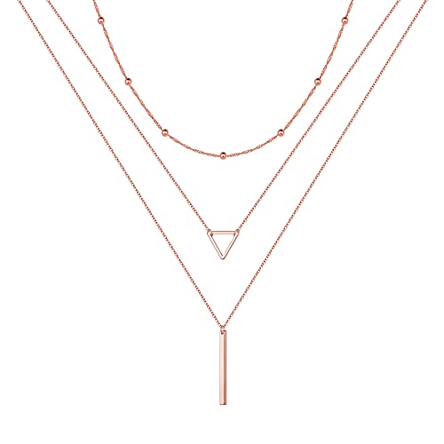 Turandoss Gold Layered Necklaces for Women - 14K Gold Plated Handmade Multilayer Bar Pearls Coin Disc Moon Butterfly Medallion Adjustable Dainty Layered Choker Necklaces for Women Jewelry - style: 3PCS 14k-rose-gold-plated - Chain&Triangle&Bar