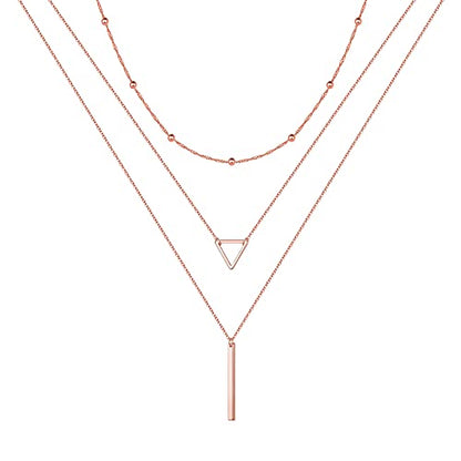 Turandoss Gold Layered Necklaces for Women - 14K Gold Plated Handmade Multilayer Bar Pearls Coin Disc Moon Butterfly Medallion Adjustable Dainty Layered Choker Necklaces for Women Jewelry - style: 3PCS 14k-rose-gold-plated - Chain&Triangle&Bar