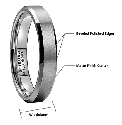 CROWNAL 3mm 5mm 7mm 9mm Tungsten Rings for Men Women Black/Silver/Gunmetal/Gold Beveled Polished Edges Matte Finish Comfort Fit 4-17 - color: Silver 3mm