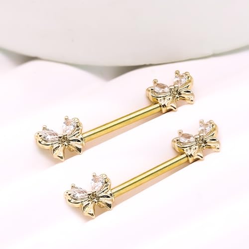 VERAMI 14G Stainless Steel Heart Nipple Rings and Barbell - Butterfly, Starlight Acrylic Ball, Tongue Rings for Women and Men - color: Gold butterfly