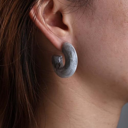 Chunky Acrylic Hoop Earrings White Resin Open Circle Hoop Earrings Round Pearl Studs Thick Acrylic C Shape Earring Pearl Front Back Earring Jewelry for Women - color: Grey