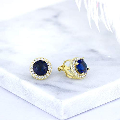 YOQUCOL 8MM Cubic Zirconia Crystal Clip On Stud Earrings Round Non Pierced Earrings for Women - color: Gold-Blue