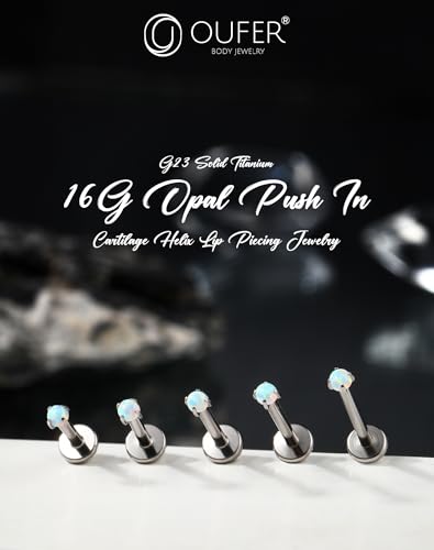 OUFER 2PCS 16G/20G Nose Lip Studs, G23 Solid Titanium Threadless Push in Nose Nostril Lip Labret Medusa Monroe Helix Cartilage Tragus Conch Lobe Piercing Jewelry for Women Men - color: Silver bar, Claw Opal, size: 2pcs, 16g 6mm, 2mm Opal
