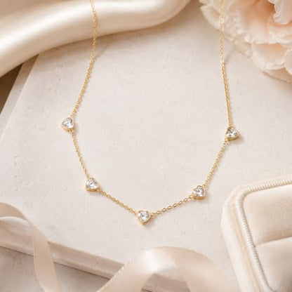 Dainty Silver Gold Necklaces for Women Cute Station Choker Simulated Diamond Necklace Simple Layering CZ Necklace Trendy Jewelry Gifts - color: Gold, style: Heart