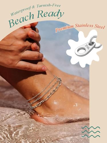 FaithHeart Waterproof Ankle Bracelets for Women, 1/2/3Pcs Non Tarnish Stainless Steel Layered Anklet Set Paperclip Figaro Cuban Link Chain Dainty Summer Beach Jewelry Gift Adjustable Size - style: d.Paperclip 3Pcs - Silver