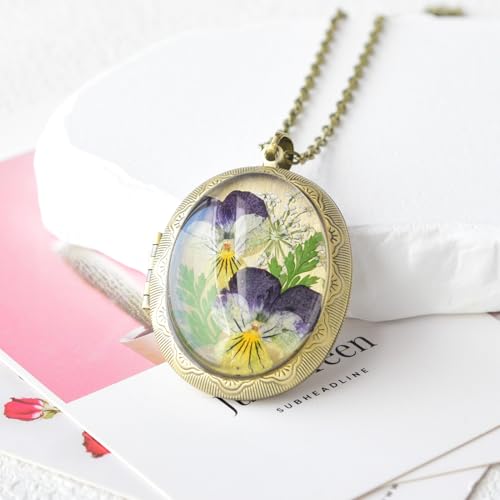 Vintage Photo Locket Necklace Handmade Pressed Flower Locket Necklace for Women - style: Pansy Style2(1.53"x 1.85")