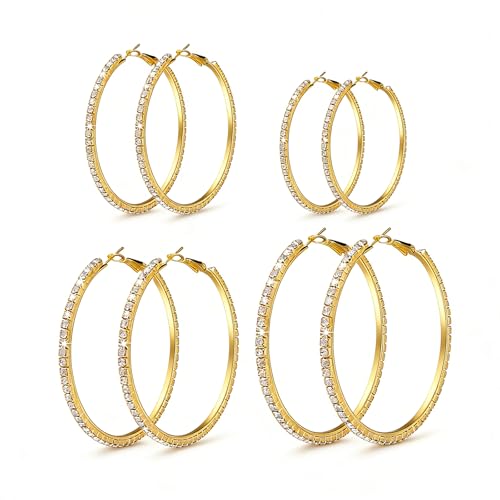4 Pairs Gold Hoop Earrings for Women | 14K Gold Plated Hypoallergenic Small Large Earrings Set, Lightweight Stainless Steel Hoops - color: Yellow
