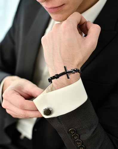 Stainless Steel Mens Cross Bracelet - 18K Gold Plated 316L Christian - Religious Jewelry for Women - color: Black Rhodium plated