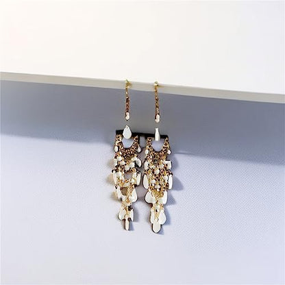 Essencedelight Crystal Beaded Tassel Earring Long Beaded Dangle Earring Fringe Hook Earring for Women Bridal Wedding - color: White