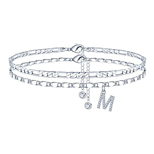 Ursteel Ankle Bracelets for Women, 14K-Gold-Plated Dainty Layered Chain CZ Initial Anklets Set Summer Jewelry Gifts for Women - style: M-Silver-Plated