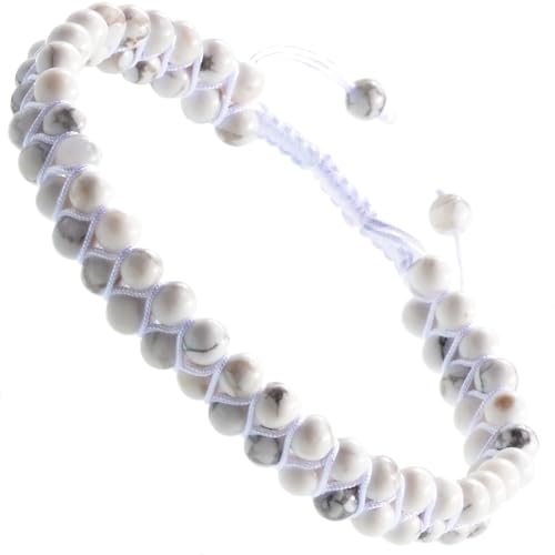 MASSIVE BEADS Double Layer Natural Chakra Healing Power Crystals Macrame Bracelet Yoga Stone Beads Gemstone Meditation Relax Anxiety Bangle for Unisex Women Men - color: Howlite, size: 4mm
