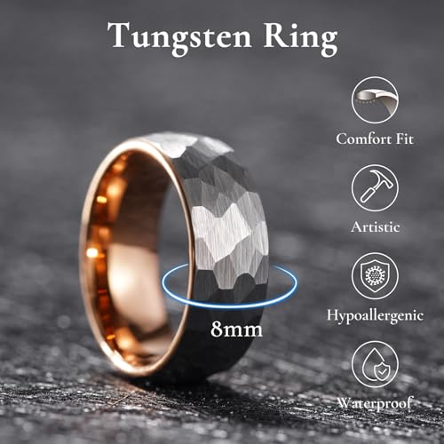 King Will Men's Tungsten Carbide Wedding Ring Hammered Groove Wedding Band Mens Two Tone Engagement Ring for Men and Women Matte Brushed Finish Comfort Fit - color: A 8MM Rose Gold-Silver