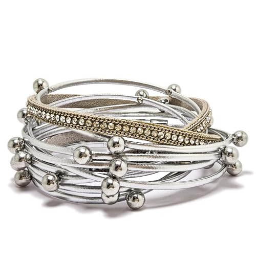 ZMANYIJEW Leather Wrap Bracelets for Women,Boho Cuff Bracelets Multi-Layer Crystal Beads Cuff Bracelet Multilayered Leopard Leather Braided Bangle Wrist Cuff Bangles - style: bead-silver