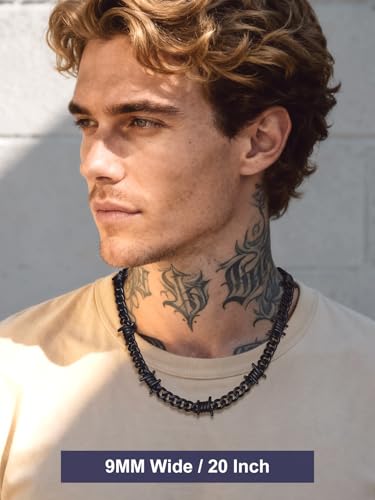 Bandmax Stainless Steel Barbed Wire Cuban Chain Necklace for Men & Women | Edgy Fierce Design, Waterproof & Tarnish Resistant, Silver/Black Tone, 5/7/9/12MM, 16-22 Inches, Street Punk Style Jewelry - color: A2 9MM-Black, size: 20 Inch (51cm)