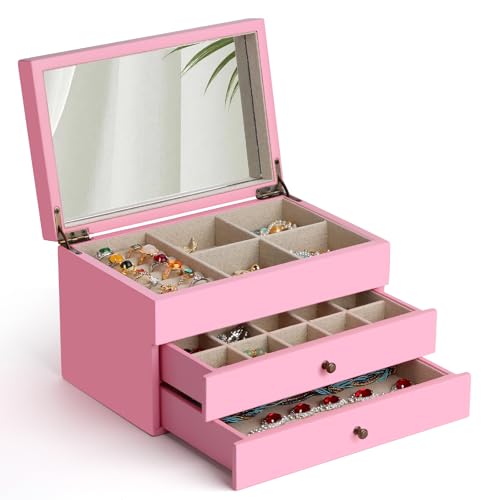 Meangood Jewelry Box Organizer for Women, 3 Layer Large Jewelry Storage Case, Rustic Wooden Jewelry Box with Mirror & Ring Tray for Necklace Earring Bracelets Rings, Vintage Style (Pink) - color: 3 Layer Pink, size: 3 Layer