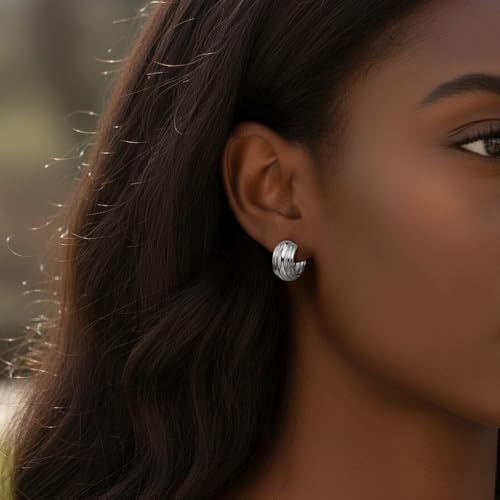 925 Sterling Silver Hoop Earrings for Women Chunky Small Huggie Earrings | Hypoallergenic Lightweight Huggy Earrings Crafted with 925 Sterling Silver Posts Fashion Jewelry Gifts - color: Silver Chunky Huggie Earrings