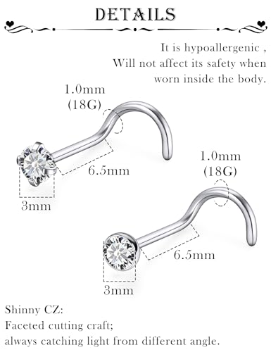 18G 20G 22G Stainless Surgical Steel Titanium Nose Rings Studs for Women L Shaped Nose Studs Screw Nose Rings Nostrial Piercing Jewelry for Women Men Silver Gold Black - style: 18G/3mm CZ/Screw/Titanium