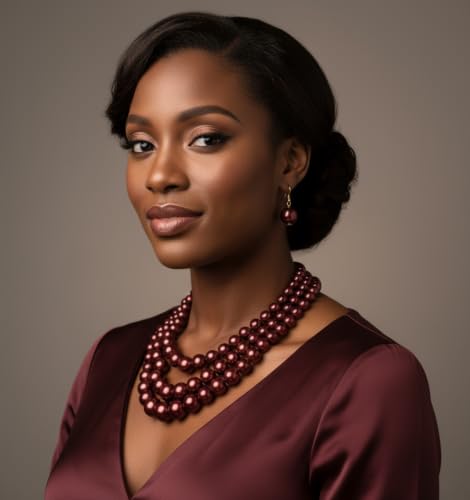 Simulated Pearl Necklace & Earring Set, Multi Strand - color: Burgundy
