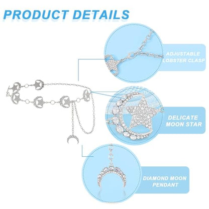 Rhinestone Moon Chain Belt Sparkly Star Waist Chain Adjustable Body Jewley for Women Dress Belt Accessory - style: Silver moon star A