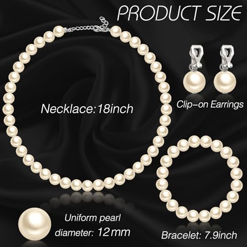 3 Pcs Pearl Jewelry Set Faux Pearl Clip on Earring Necklace Bracelet for Women Bridesmaid Birthday Wedding Gift - color: Beige, size: 12 mm