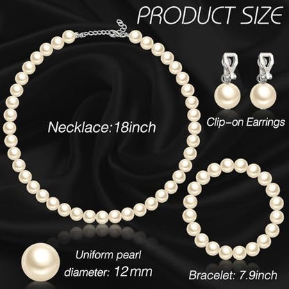 3 Pcs Pearl Jewelry Set Faux Pearl Clip on Earring Necklace Bracelet for Women Bridesmaid Birthday Wedding Gift - color: Beige, size: 12 mm