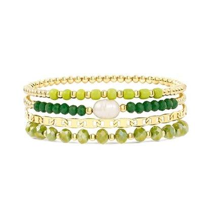Badu Gold Beaded Bracelets for Women Boho Crystal Multiple Layered Stackable Wrap Bangle Set Paperclip Chain Trendy Jewelry - color: Gold-green
