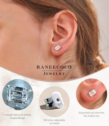 "STUNNING FLAME" Trillion-cut/Cushion-cut/Emerald-cut/Marquise-cut ... 18K White Gold Plated Sterling Silver Cubic Zirconia Simulated Diamond Stud Earrings for Women - color: Emerald-Cut, size: small-white gold plated silver