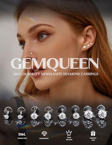 8 Pcs Moissanite Nose Studs Flat Back Earrings 16G/18G/20G | 14K Gold Plated Hypoallergenic Nose Studs, Moissanite Nose Rings for Women Men, Lip, Helix, Conch Piercing Jewelry, Flat Back - color: Silver| 20G(0.8MM)-Bar-6/8MM&Moissanite-2/3/4MM