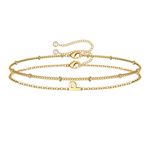 M MOOHAM Valentines Day Gifts for Her Women - Layered Initial Bracelets Gift Letter A-Z Charm, Dainty 14K Gold Plated Initial Bracelets for Women Teen Girls Birthday Jewelry Gifts - color: P
