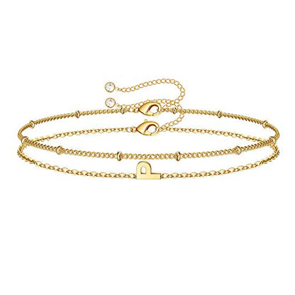 M MOOHAM Valentines Day Gifts for Her Women - Layered Initial Bracelets Gift Letter A-Z Charm, Dainty 14K Gold Plated Initial Bracelets for Women Teen Girls Birthday Jewelry Gifts - color: P