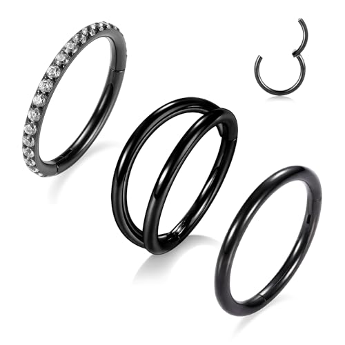 PEAKLINK 3pcs Double Nose Rings Double Nose Hoops 316L Surgical Steel Cartilage Earrings 20G/18G/16G Septum Rings Conch Piercing Helix Lip Rook Daith Tragus Pierxing Jewelry 6mm to 12mm - color: Black