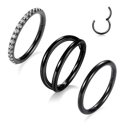 PEAKLINK 3pcs Double Nose Rings Double Nose Hoops 316L Surgical Steel Cartilage Earrings 20G/18G/16G Septum Rings Conch Piercing Helix Lip Rook Daith Tragus Pierxing Jewelry 6mm to 12mm - color: Black