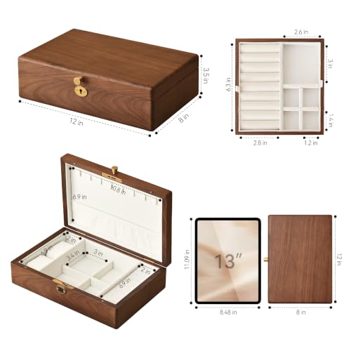 Black Walnut Wooden Lockable Jewelry Box, 2 Layer Large Wood Jewelry Organizer with Removable Tray for Necklace Ring Earrings Watch Bracelet, Handcrafted Velvet Lined Case Gifts for Mom Women Girls - color: 2 Layer Large Lockable