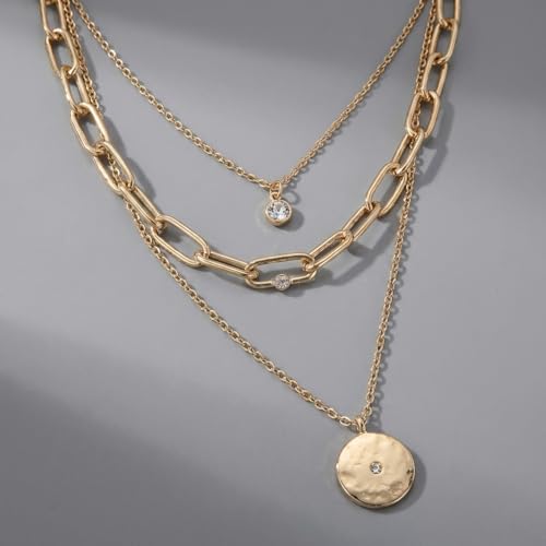 QCWN Gold Layered stacked Necklaces for women 3PS Chunky Statement Necklaces Stack Mixed Metal Charm Necklace for Women Trendy Coin Jewelry Gift for Her Gifts - style: Layered stack3