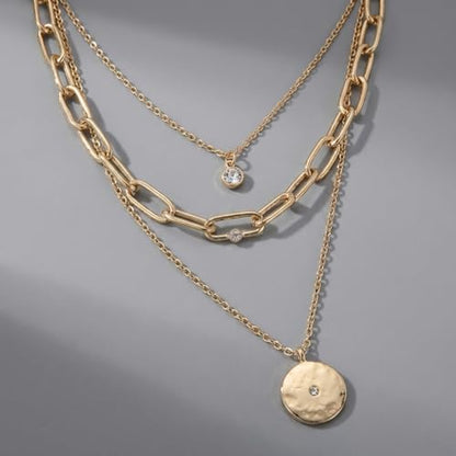 QCWN Gold Layered stacked Necklaces for women 3PS Chunky Statement Necklaces Stack Mixed Metal Charm Necklace for Women Trendy Coin Jewelry Gift for Her Gifts - style: Layered stack3
