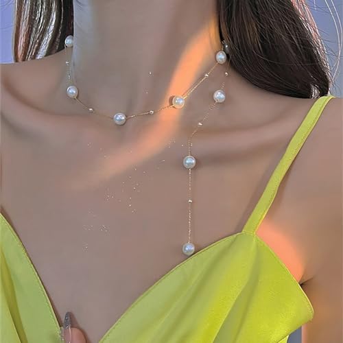 Boho Pearl Y Shape Necklaces for Women, Dainty 14k Gold Plated Pearl Beaded Chain Choker Necklace Trendy Jewelry Accessories Gift - style: long