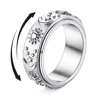 Magitaco Stainless Steel Spinner Rings Fidget Band Rings Moon Star Flower Butterfly Anxiety Rings for Women Men - color: Sun & Moon & Star