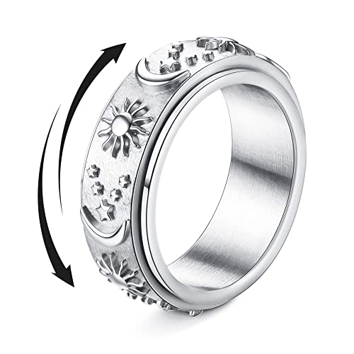 Magitaco Stainless Steel Spinner Rings Fidget Band Rings Moon Star Flower Butterfly Anxiety Rings for Women Men - color: Sun & Moon & Star