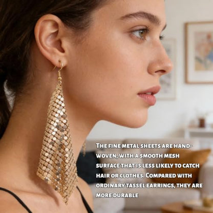Mesh Sequin Tassel Long Drop Earrings for Women, Lightweight Metal Grid Fringe Dangle Earrings, Colorful Sparkly Alloy Wedding Bridal Party Jewelry (1 pair) - color: Gold