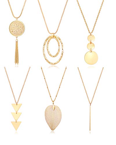 Fesciory 6 PCS Long Pendant Necklace for Women, Gold Bar Circle Leaf Triangle Tassel Y Necklace Set | Gold Plated Bar, Circle, Leaf, Triangle and Disc Pendant, Adjustable Fit, Long Necklace Jewelry Gifts for Loves - color: Set 1