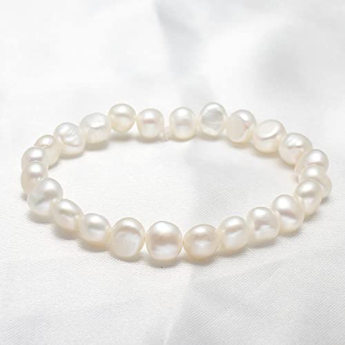 Handmade Women's Pearl Bracelet | Stretchy Beaded 7-8mm Baroque Pearl Bracelet for Ladies and Girls - Pink, Black, White, Grey, Multicolor - color: Set of 3: White