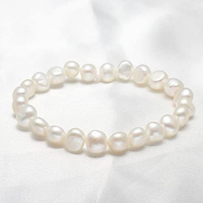 Handmade Women's Pearl Bracelet | Stretchy Beaded 7-8mm Baroque Pearl Bracelet for Ladies and Girls - Pink, Black, White, Grey, Multicolor - color: Set of 3: White