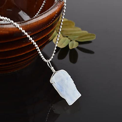 Natural Raw White Moonstone Gemstone Pendant Necklace, Rough Stones, Chakra Healing Crystals, Silver Plated, Birthstone, Handmade, Wedding, Women Jewelry, Valentine Gift, Size 18"