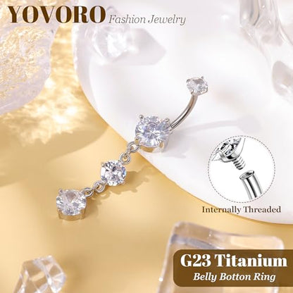 14G G23 Titanium Dangle Belly Button Rings for Women CZ Round Belly Rings Internally Threaded Flower Navel Ring Hypoallergenic Curved Barbell Belly Piercing Jewelry - style: CZ-Silver