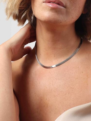 ChainsHouse Flat Snake Chain Herringbone Choker Necklace for Women, Stainless Steel/Rose Gold/18K Gold Plated Dainty Adjustable Simple Short Layered Necklaces, 12"/15"/18" with 3.5" Extender - color: a. stainless-5mm