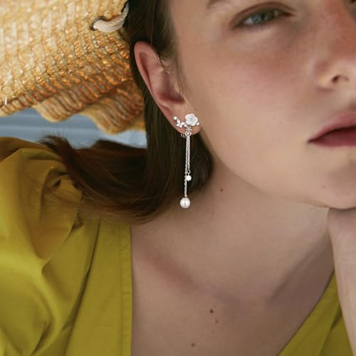 Awinesn Clip on Earrings Dangle Pearl Drop Clip Earrings for Women Trendy Dangle Chain Dainty Flower Wedding Earrings for Brides 14K Gold Plated Statement Non Pierced Earrings for Women Sparkly Jewelry - style: fugu-flower-s