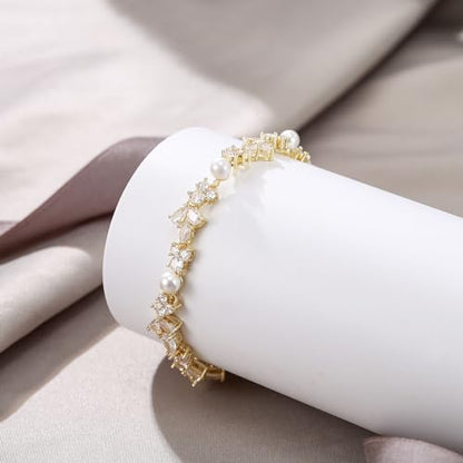 EVER FAITH Cubic Zirconia Pearl Bridal Prom Tennis Bracelet for Women | Elegant Pear CZ Wedding Jewelry Gift, for Bride Bridesmaid - style: Floral_Gold-Plated-Brass