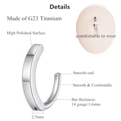 ORANGELOVE G23 Titanium 14G Belly Button Rings for Women Hinged Hoop Clicker Belly Ring Reverse Curved Navel Ring Floating Navel Barbell Piercing Jewelry 14 Gauge 8mm 10mm 12mm 14mm - color: Silver
